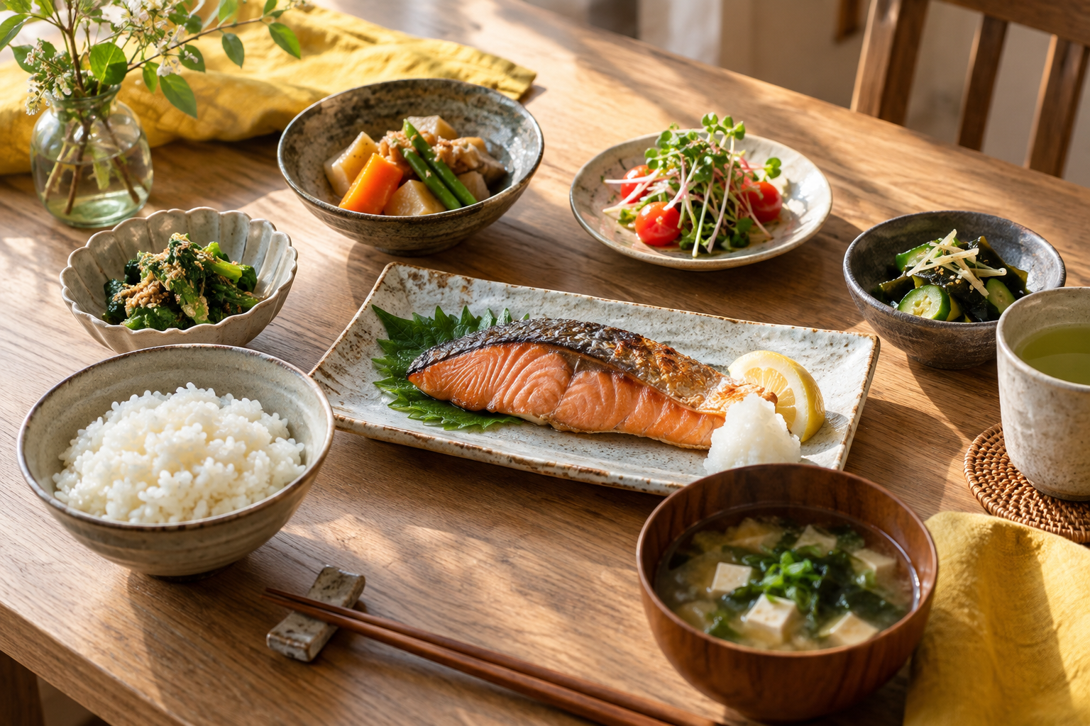 食卓に並ぶ彩り豊かな夕食のイメージ